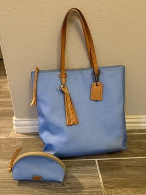 Consuela Sky Blue Leather Tote with Tan Handles and Tassel